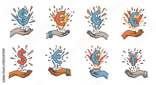 Hands holding various currency symbols with radiating light representing financial concepts.