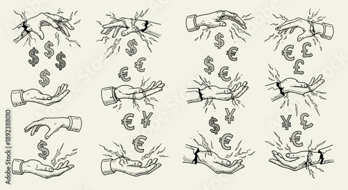 Money falling into hands in a vintage engraving style.