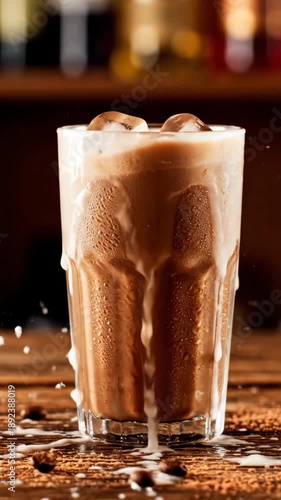 Wallpaper Mural Creamy Milk Poured Into Chocolate Drink With Ice Cubes Splash And Drops On Wooden Table Torontodigital.ca