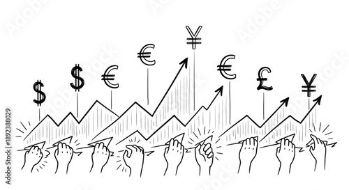 Hands drawing rising currency graphs with dollar euro pound and yen symbols.
