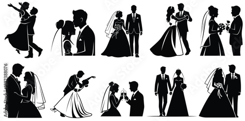 Collection of romantic wedding couple silhouettes, capturing tender moments and joyful celebrations.