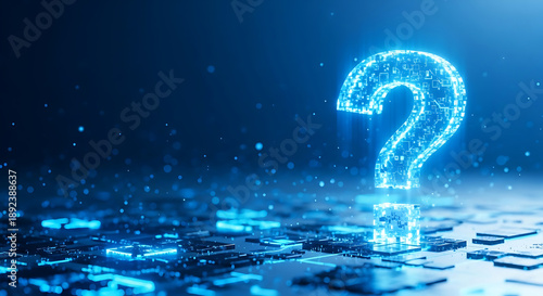 Glowing blue question mark on dark background with shining particles effect