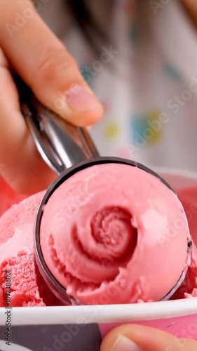 Wallpaper Mural Close Up Of Pink Ice Cream Being Scooped From Bowl With Metal Scoop On White Background Soft Focus Torontodigital.ca