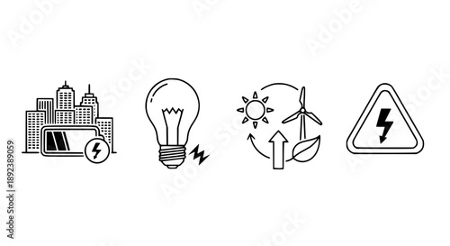 Sustainable Energy Icon Set Featuring Renewable Solar Wind Power Urban Battery Charge And Electric Lightbulb Innovative
