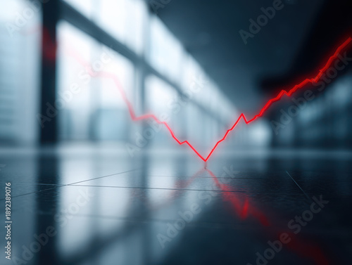 Financial graph line with red color showing recovery and growth on smooth reflective floor in modern office space