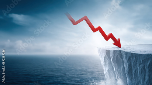 Steep red arrow plunging over white cliff ledge with ocean background under cloudy sky, symbolizing dramatic decline or risk