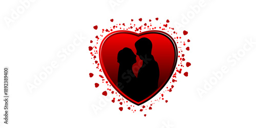 Romantic couple silhouette in red heart with love splashes