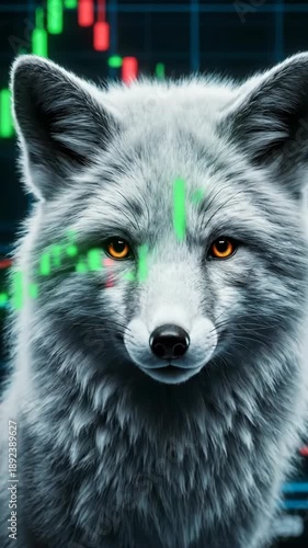 Wallpaper Mural Close Up Of A White Fox With Bright Orange Eyes In Front Of A Stock Market Trading Chart Display Torontodigital.ca
