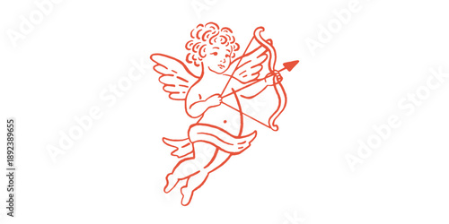 Charming cupid with bow and arrow in mid flight