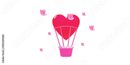 Heart shaped hot air balloon flying with pink flowers