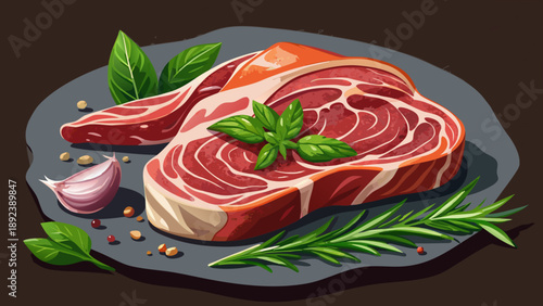 Very beautiful close-up of raw pork meat with herbs on dark stone surface, emphasizing rustic preparation, fresh texture, and natural culinary ingredients.