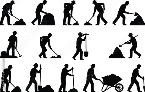 Silhouettes of construction workers digging, shoveling, and transporting soil with hand tools and wheelbarrows, representing manual labor, excavation tasks, industrial jobsite work