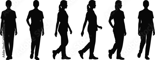 Silhouettes of women walking in different poses and directions, representing movement, lifestyle, fashion, confidence, everyday activities, and modern female body posture in motion