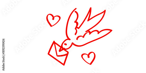 Stunning red dove holding envelope with hearts flying