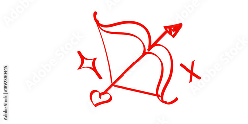 Hand drawn red bow and arrow with heart and sparkles