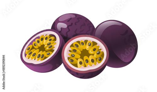 Tropical passion fruit realistic 3D vector design with juicy pulp and seeds isolated on white background