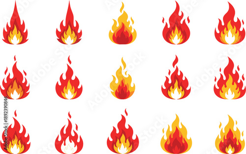 Colorful fire flame vector icon arrangement with flat burning shapes isolated on white