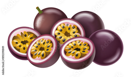 Realistic 3D passion fruit vector illustration set with whole and sliced tropical fruits isolated on white background