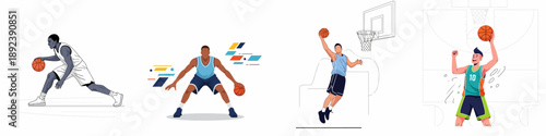Four Dynamic Basketball Player Illustrations: Dribbling, Shooting, and Athletic Action Concepts for Sports Design and Competition.