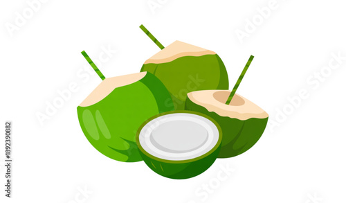 Green coconut fruit vector illustration with sliced coconut for summer hydration and juice branding
