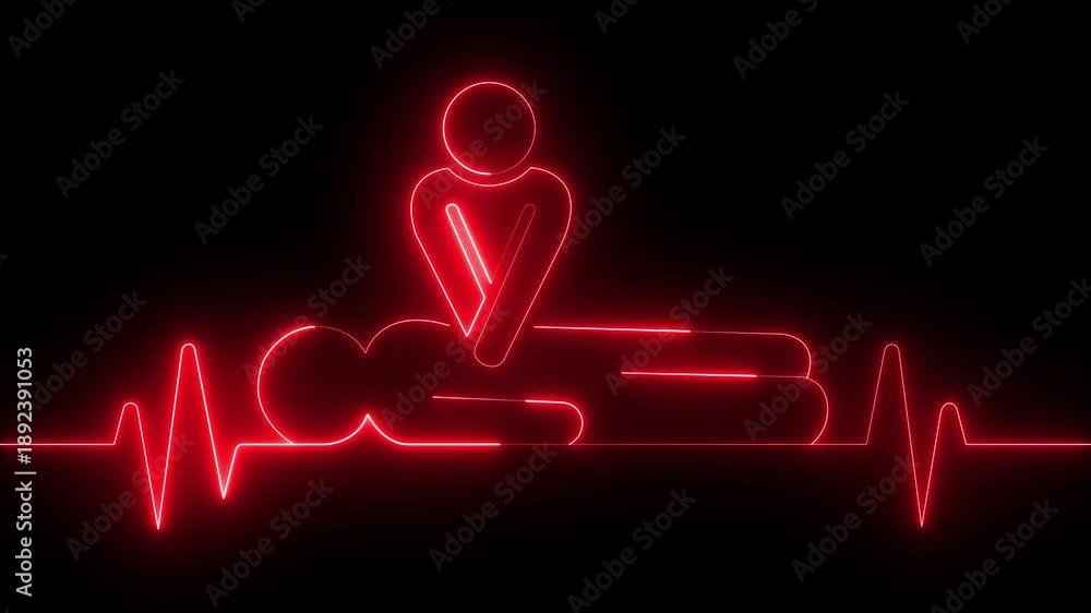 Chest Compression Animation neon heartbeat icon animation. CPR chest compressions showing medical ...