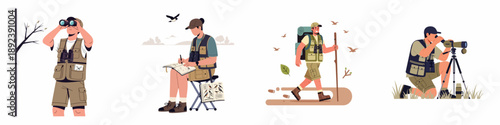 Set of birdwatching enthusiasts engaging in outdoor activities: observing birds with binoculars and scope, identifying species, and nature hiking.