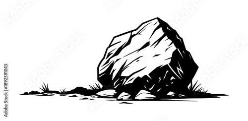 Black silhouette of a cobblestone on the ground with grass, without background.