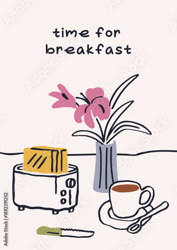 Breakfast poster design in Dolce vita doodle drawn style. Morning card with I...