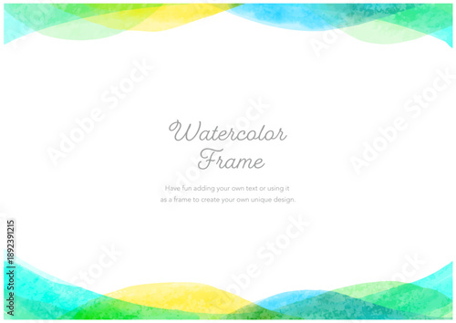 緑と青の横型の水彩ウェーブフレーム背景　グリーティングカードや結婚式の招待状用のエレガントなテンプレート