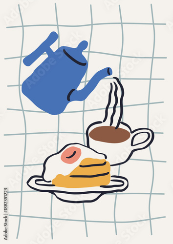 Breakfast poster in Italian Dolce vita scribble sketchy style. Morning drink ...
