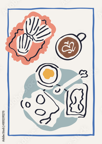 Breakfast card design in doodle Dolce vita style. Coffee cup, morning food an...