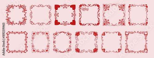 Valentine’s Day decorative frame set with hearts and floral ornaments, romantic square and rounded borders for photos, love frames with roses, curls and decorative elements