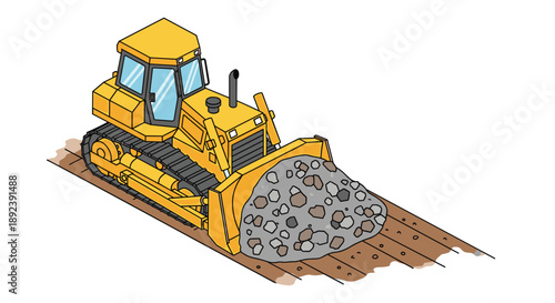 Yellow Crawler Bulldozer Pushing Large Pile of Grey and Brown Rocks on Striped Ground Surface Vector Illustration for Heavy Machinery and Construction Projects.
