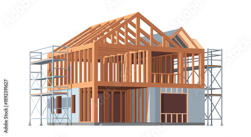 Modern House Structure Under Construction with Timber Framing and Metal Scaffolding Vector Illustration for Building Industry and Property Development.