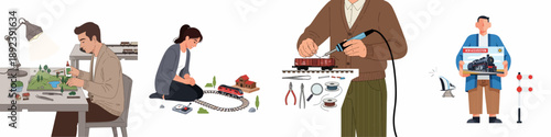 Model Railroading Hobby Activities: Building Dioramas, Playing with Toy Trains, Soldering Freight Cars, and Acquiring New Locomotive Models.