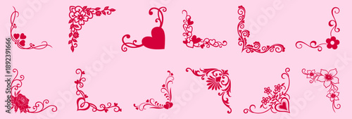 Valentine’s Day corner ornament and decoration set for frames, romantic heart floral corners with roses, curls and wedding rings, decorative frame