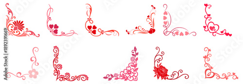 Valentine’s Day Corner Ornament Set with Hearts, Floral Swirls, Roses and Wedding Rings — Decorative Corner Elements for Romantic Frames, Love Cards and Invitations