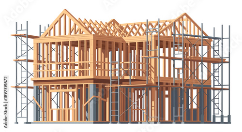 Large Residential Building Framing with Extensive Metal Scaffolding Vector Illustration for Major Construction Projects and Urban Housing Development.