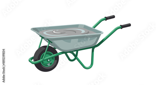 Green Metal Wheelbarrow Filled with Wet Grey Concrete Vector Illustration for Construction Site and Building Material Management Concepts.