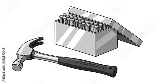 Traditional Claw Hammer Lying Next to a Storage Tin Packed with Steel Nails for Joinery and Construction Tasks on a Plain White Background Commercial Graphic.