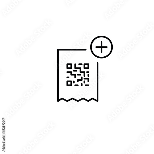 Qr-code receipt and plus symbol. Item add to checkout, purchase update, sale record. Pixel perfect, editable stroke vector icon