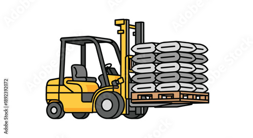Yellow Industrial Forklift Truck Carrying a Full Pallet of Cement Bags for Material Handling and Heavy Logistics on a Construction Site Background Illustration.