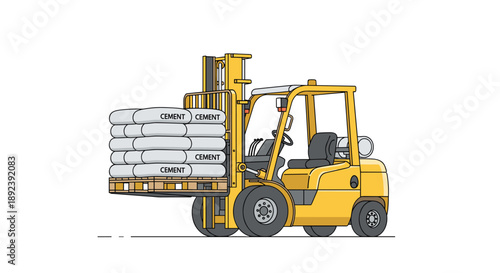 Heavy Duty Yellow Forklift Transporting Multiple Cement Bags Staged on a Wooden Pallet for Large Scale Building and Infrastructure Development Projects.