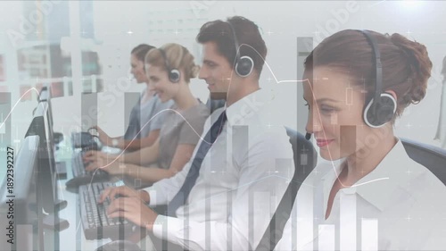 Animation of financial data processing over diverse business people using phone headsets