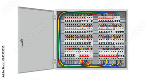 Industrial Gray Electrical Distribution Panel with Multiple Circuit Breakers and Organized Internal Wiring for Complex Power Management in Large Buildings.