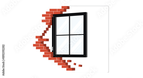 Modern Glass Window Frame Being Installed into a Partially Completed Red Brick Wall for Residential Building Construction and Home Renovation Project.