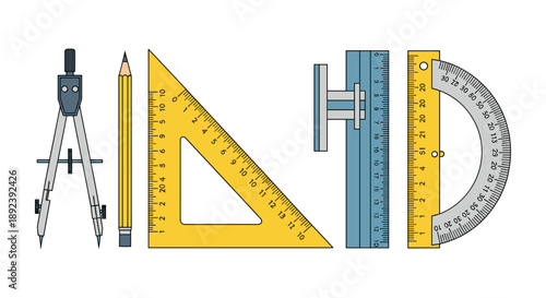 Precision Drafting and Geometry Tool Set Featuring Compass Pencil Ruler and Protractor for Architectural Design Engineering and Mathematical Illustration.
