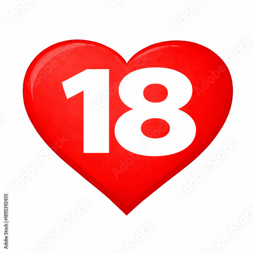 Bold red heart graphic displaying the number eighteen in white, symbolizing adult content, age restriction, and legal maturity for digital media and informative designs