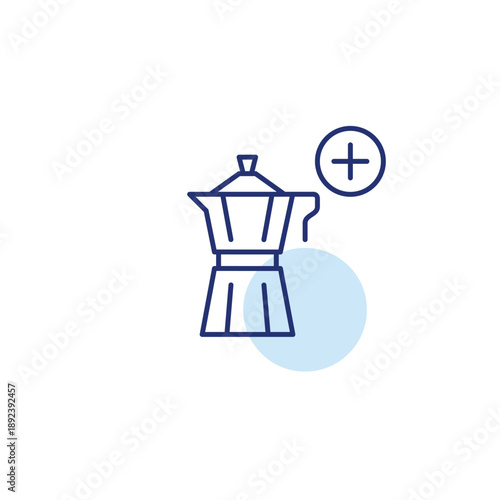 Moka coffee pot and plus symbol. Brewing new crafts. Pixel perfect, editable stroke vector icon