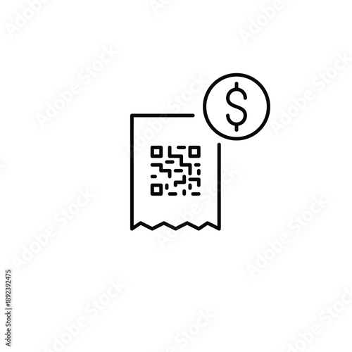 Receipt with qr code and dollar. Scan to pay. Pixel perfect, editable stroke vector icon